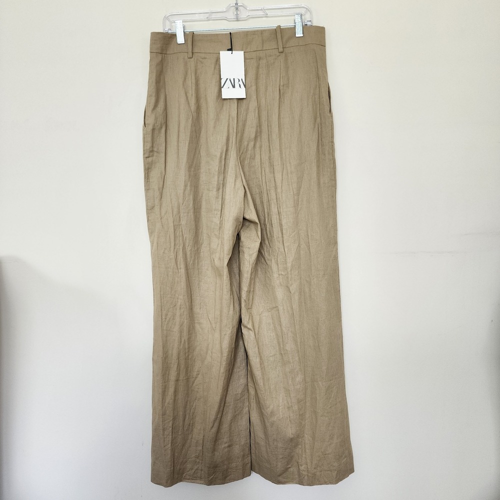 Zara Tan Khaki Linen Blend Wide Leg Pleated High Waisted Trousers Pants NWT - Picture 3 of 7